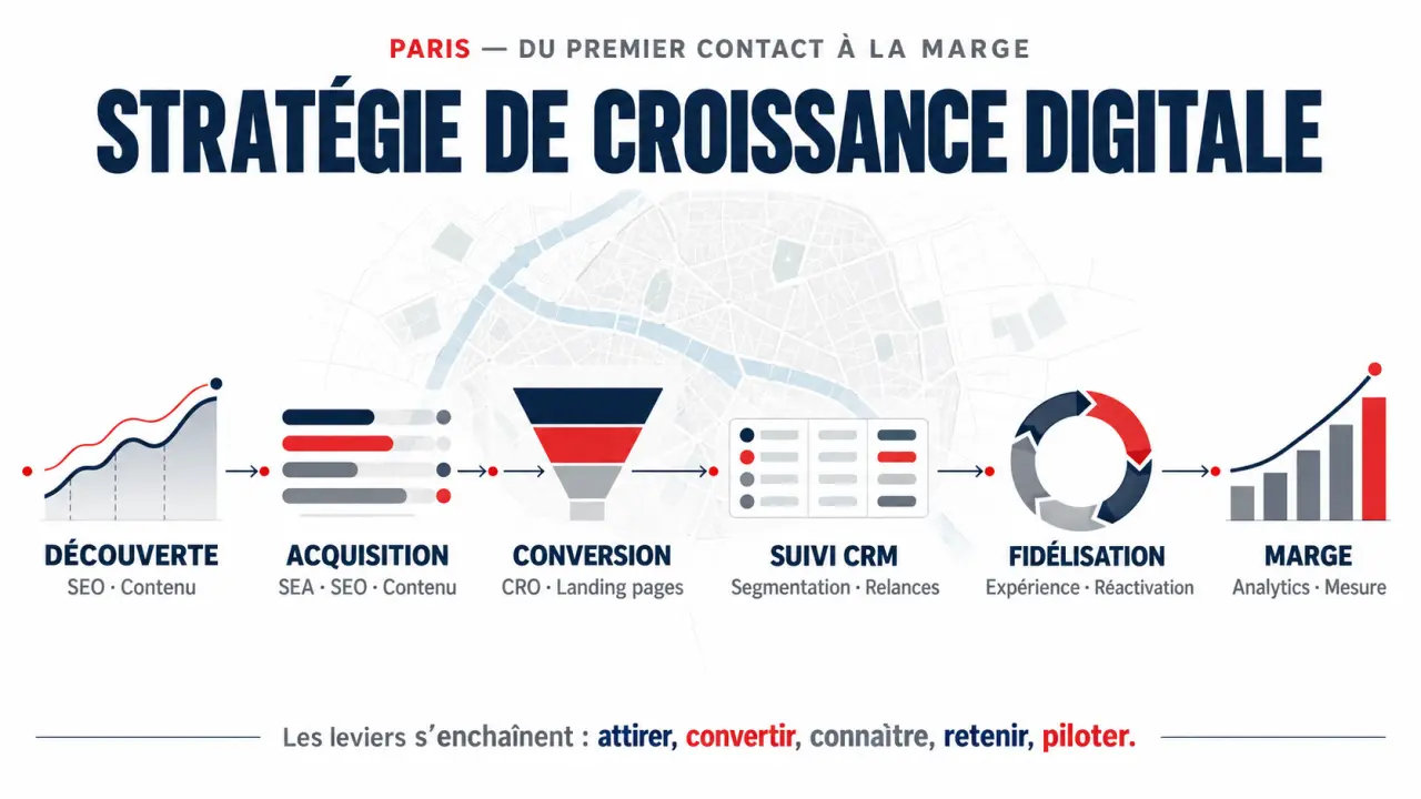 Infographie de stratégie de croissance digitale à Paris reliant SEO, SEA, CRO, CRM et analytics