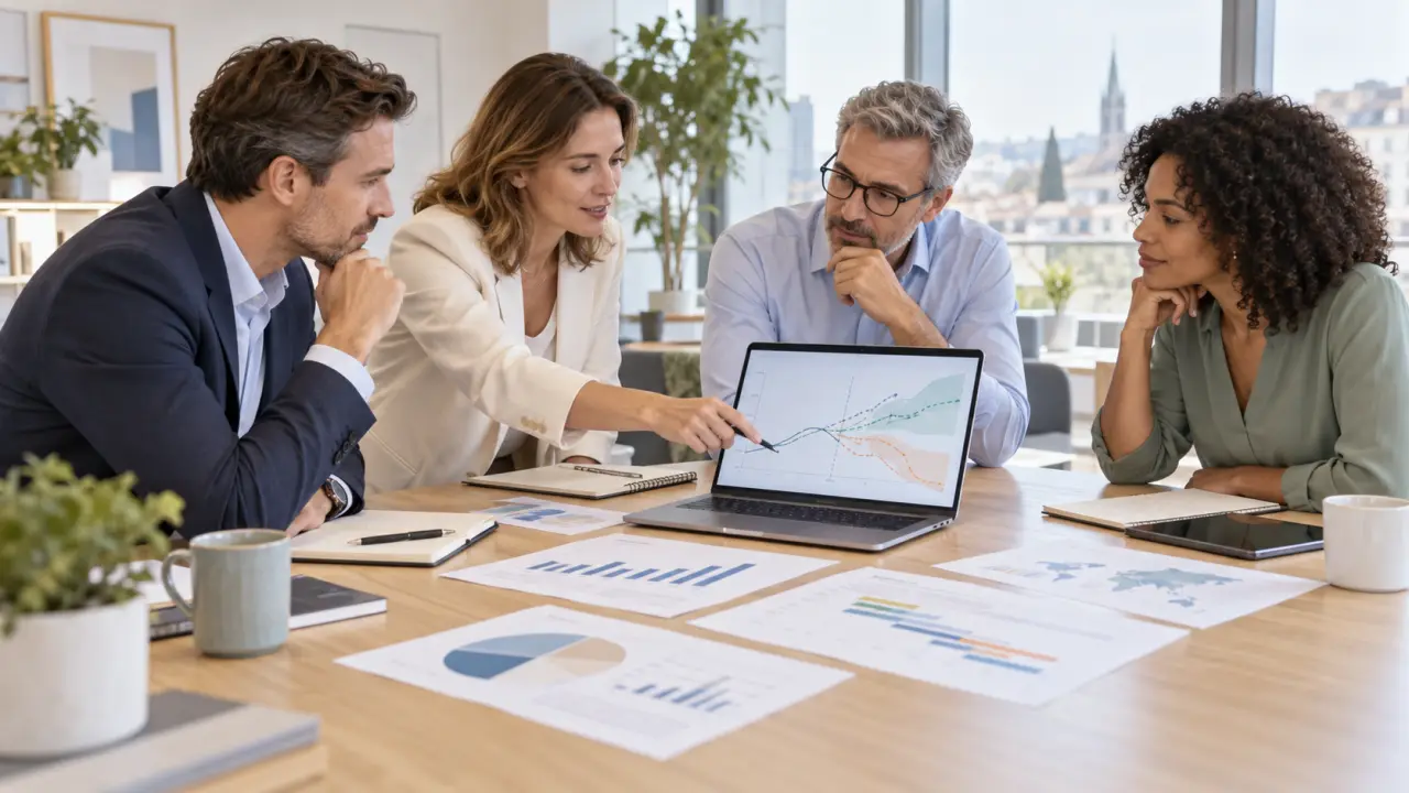Dirigeants de PME analysant des scénarios financiers autour d'une table de réunion