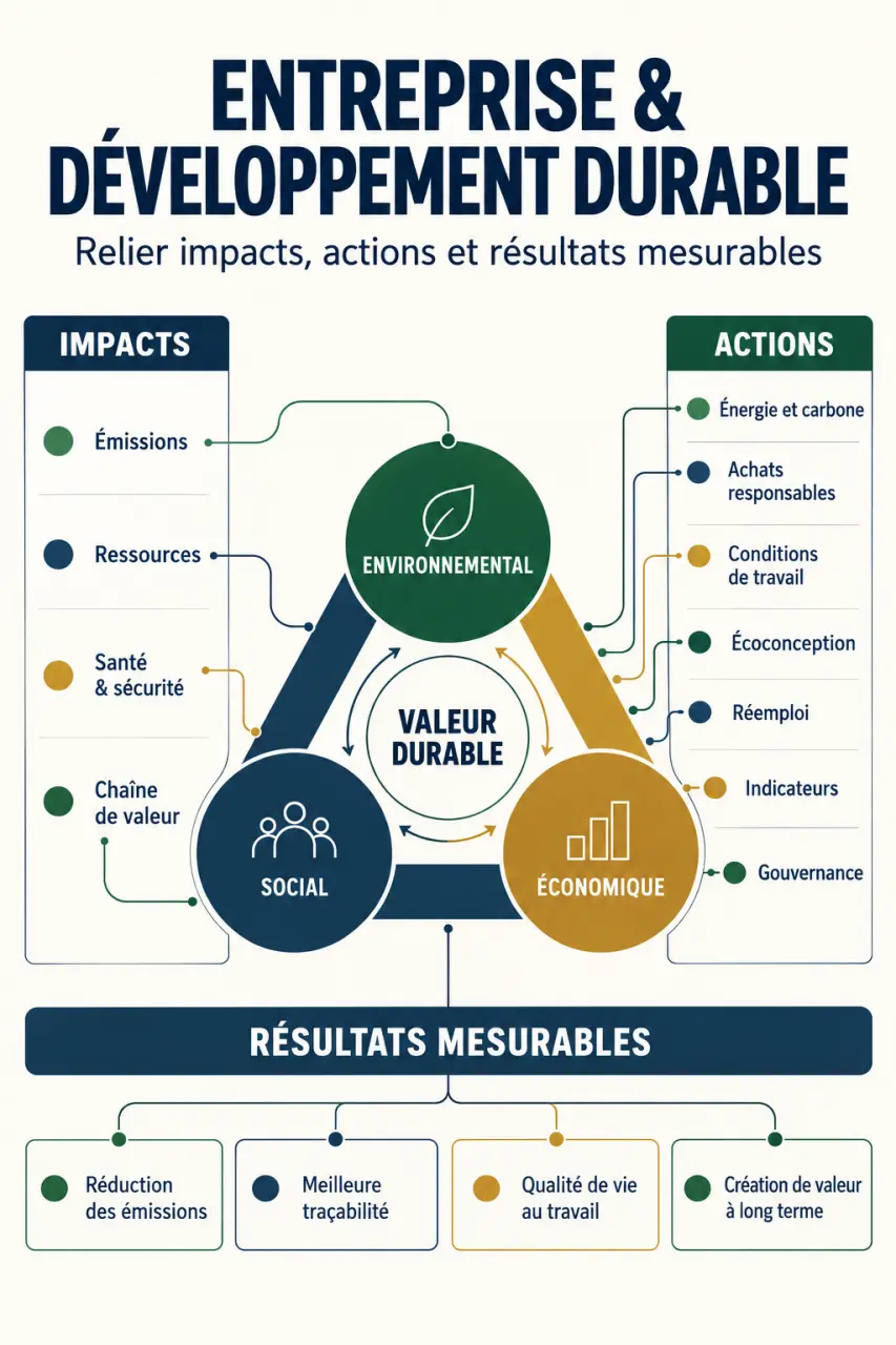 Infographie sur les trois piliers d’une entreprise développement durable et ses actions concrètes