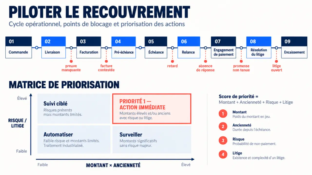 Schéma du cycle d'optimisation du recouvrement de créances, de la commande à l'encaissement
