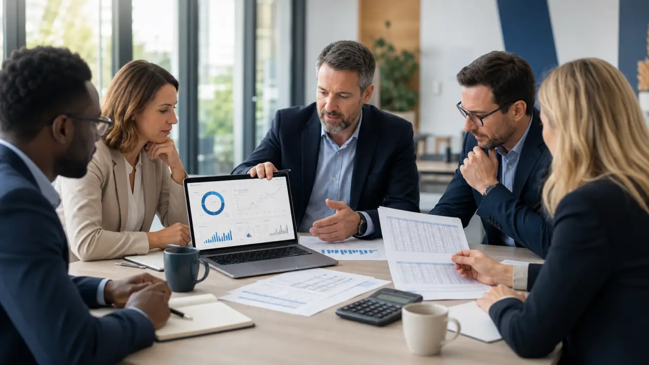 Table de réunion avec documents financiers et équipe de dirigeants en discussion