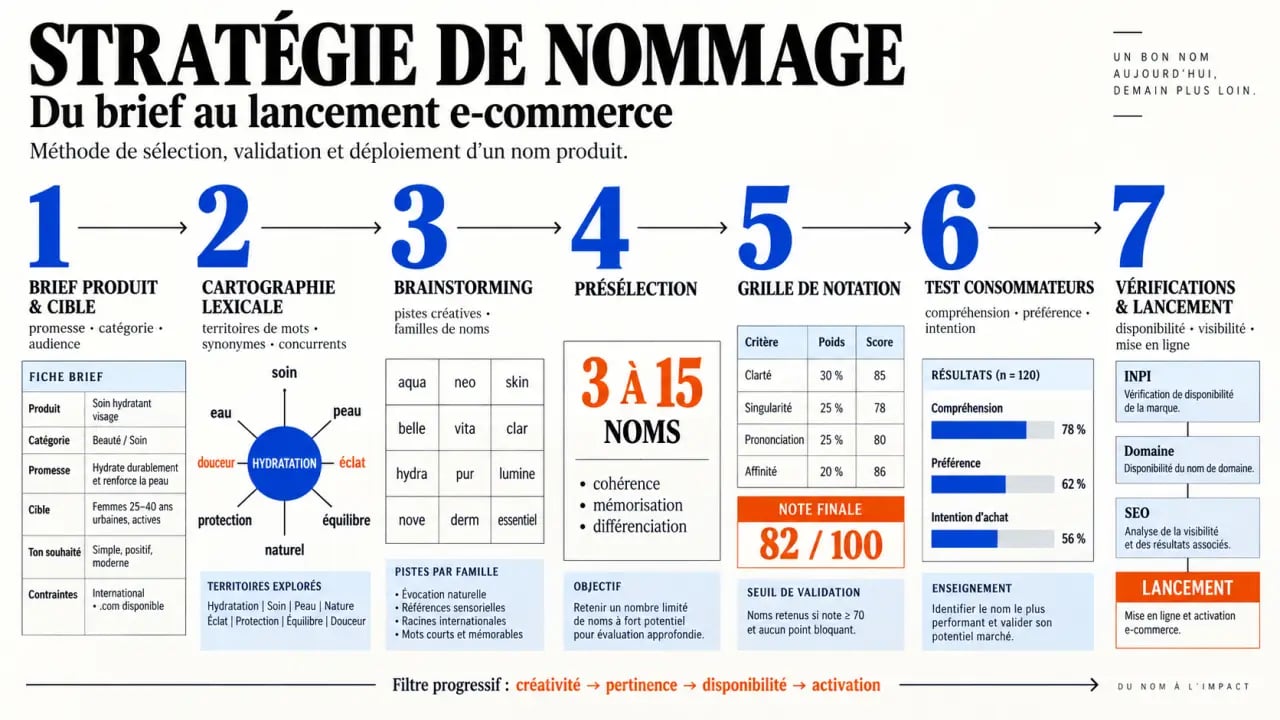 Processus visuel d’une stratégie nommage produit ecommerce français, du brief à la validation