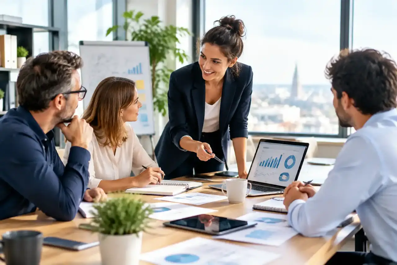 Dirigeants de PME analysant des graphiques financiers autour d'une table de réunion