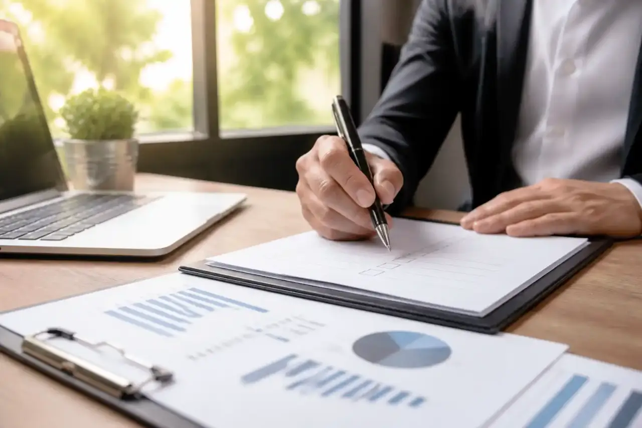 Table de réunion avec graphiques financiers, plans de travail et équipe en discussion
