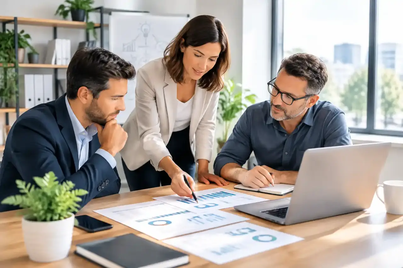 Dirigeants de PME analysant des graphiques financiers autour d'une table de réunion