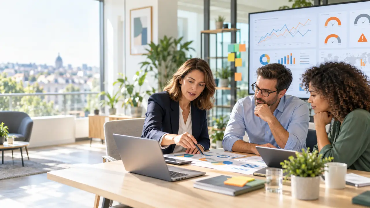 Dirigeants de PME analysant des indicateurs financiers et opérationnels autour d'une table