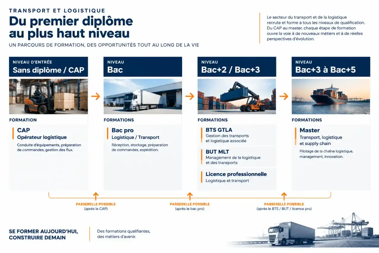 Parcours de formation transport logistique du CAP au master, par niveau d'études