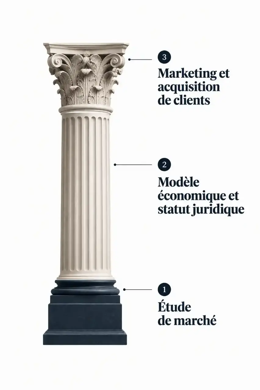 Schéma de la progression logique pour apprendre la création d'entreprise : étude de marché, statut, marketing
