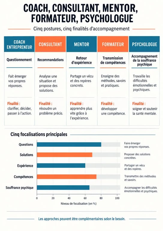 Infographie du coaching entrepreneur comparant coach, consultant, mentor, formateur et psychologue